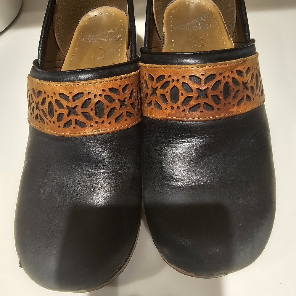 Dansko Womens Black and Brown Leather Clogs